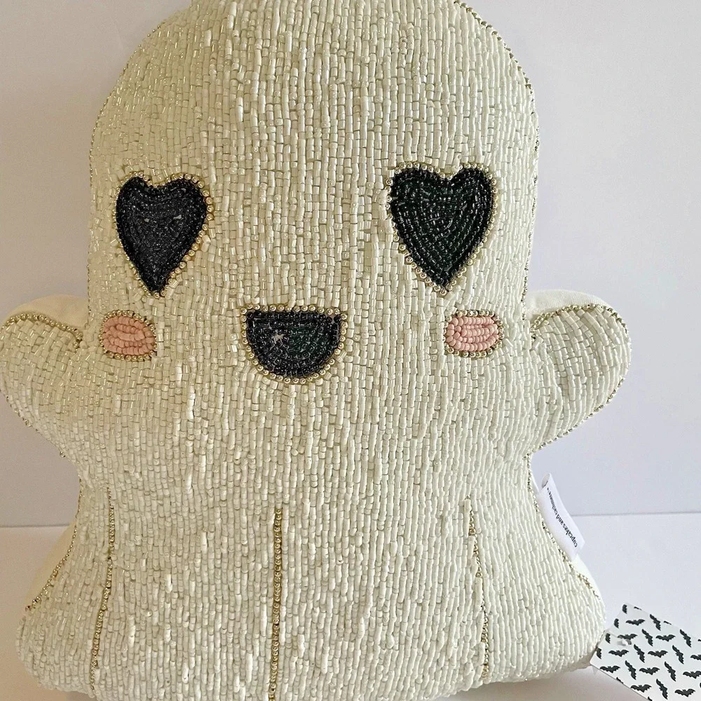 Cupcakes and Cashmere Beaded Ghost Halloween Pillow‎ Heart Eyes